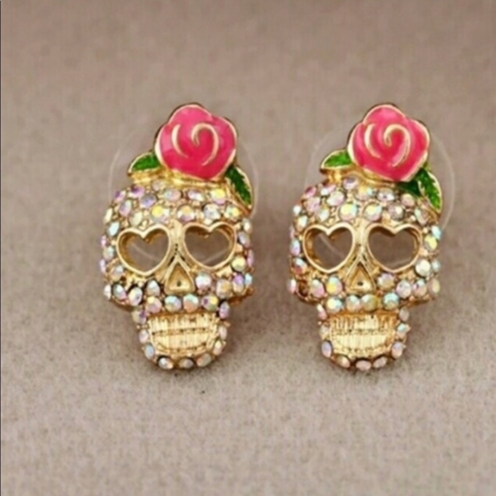 Rose pink  Rhinestone Skull Earrings